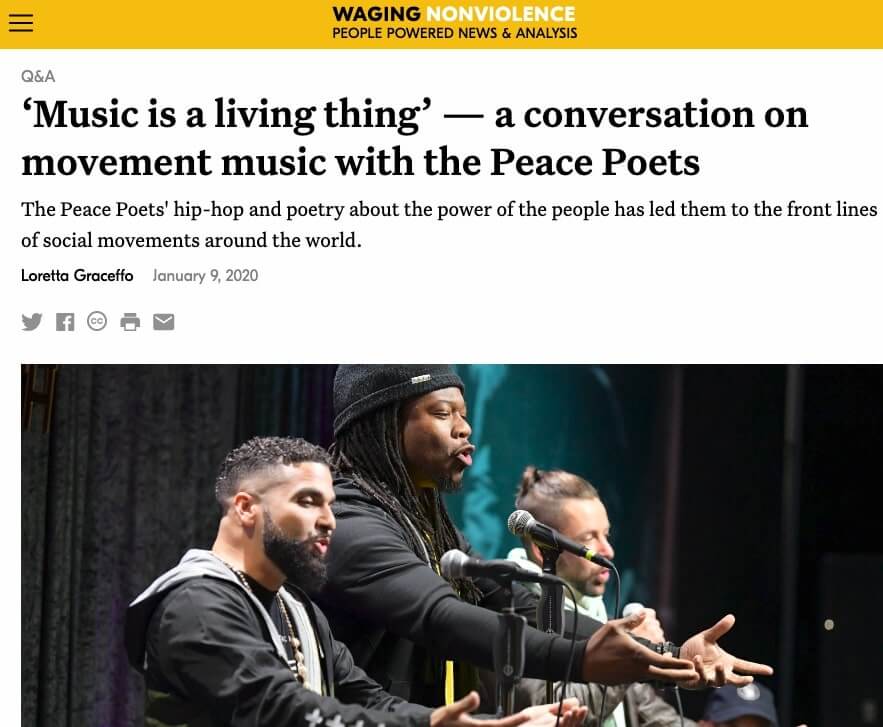 Screenshot of article about Peace Poets on Waging Nonviolence